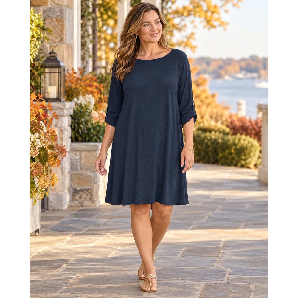 Lilly Pulitzer Dress Womens Large Navy Blue Cotton Modal A-Line Button Tab